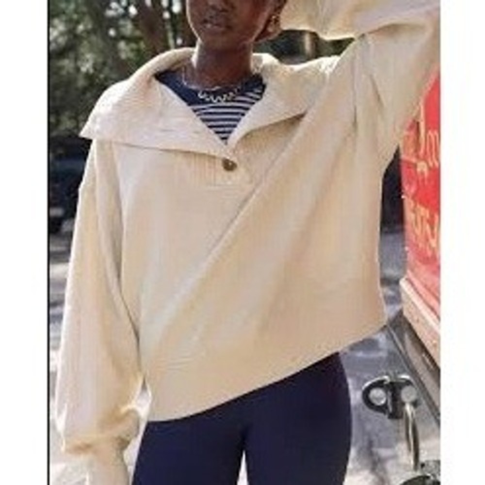 Aerie Best Button Oatmeal Funnel Neck Cropped Cozy Sweatshirt | Size XS